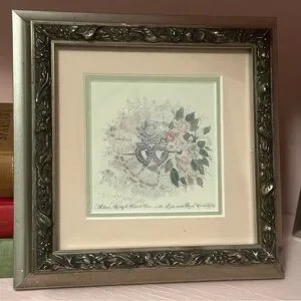 Framed Floral Heart Artwork in Silver and Pink